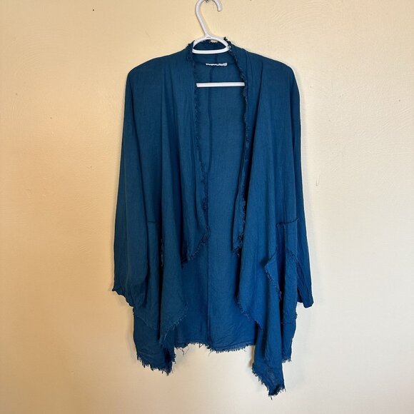 Womens Open Front Linen Cardigan Frayed Edges Italy Medium Teal Blue Lagenlook - Picture 11 of 11